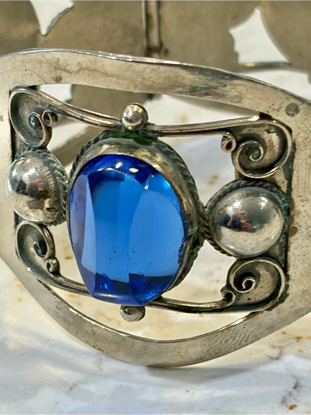 Vintage Taxco Mexico 925 Sterling Silver Blue Glass Panel Bracelet 1950s 42g